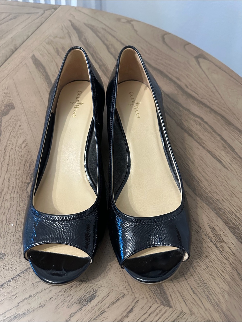 Cole Haan Black Patent Peep-Toe Heels